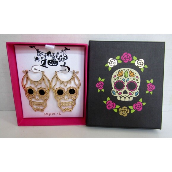 Piper K Sugar Skull Earrings Gold Tone Black Eye Large Statement Jewelry NIB - Picture 1 of 4